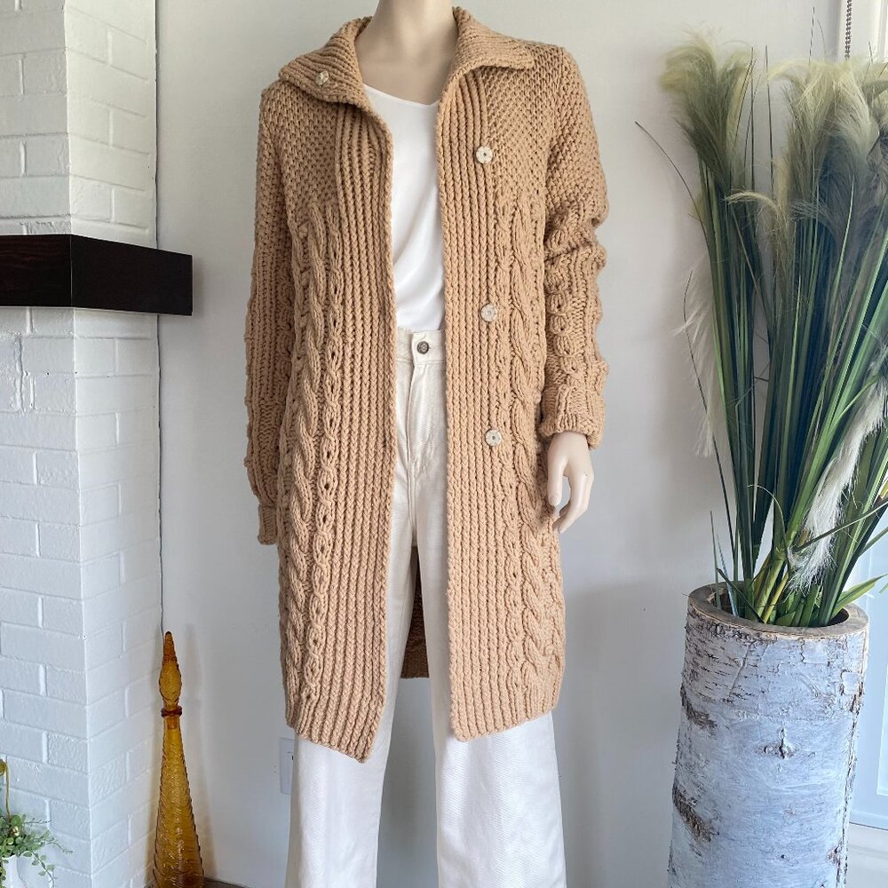 Genrty Portofino Extra Fine Wool Oversized Cable Knit Long Cardigan 4/6 Camel - Picture 2 of 16